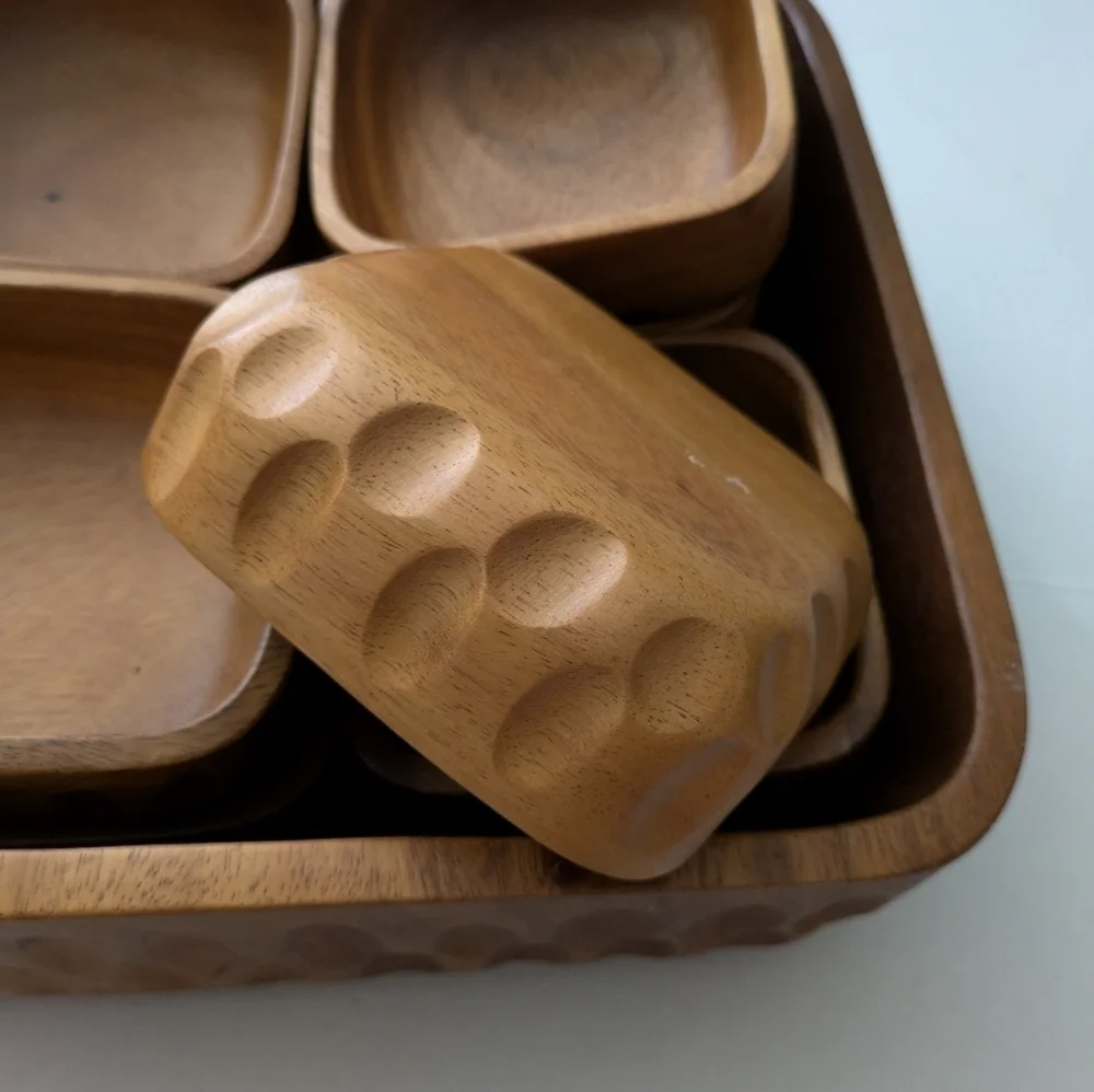 Vintage 9 piece Monkey Pod Wooden Salad Bowls Serving Bowls Dishes